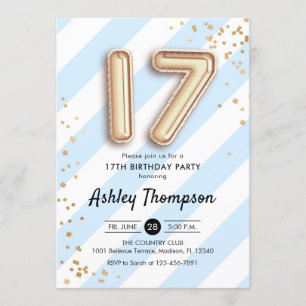 Invitation 17e anniversaire - Bleu et Ballons d'or