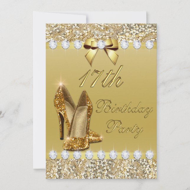 Invitation 17e anniversaire Classy Gold Heels Sequins Diamant (Devant)