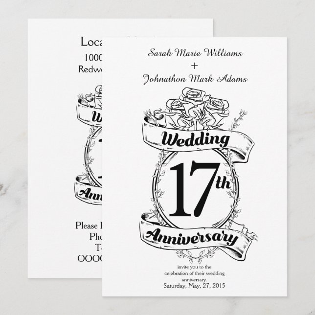 Invitation 17e Anniversaire de Mariage Roses Noires et Blanch (Devant / Derrière)