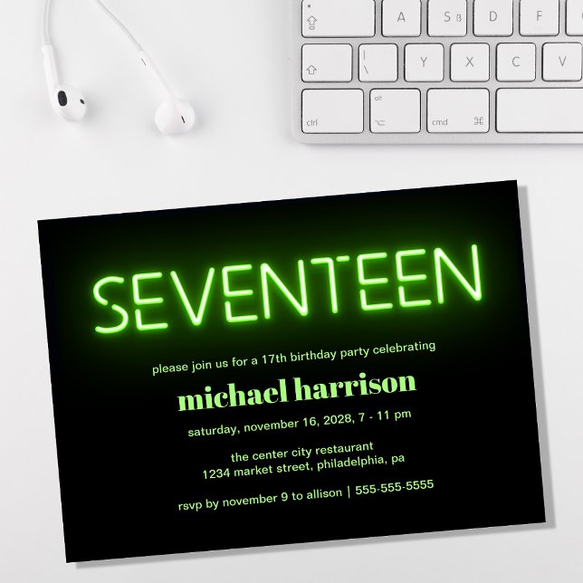 Invitation 17e anniversaire Green Neon Lights Party (Créateur téléchargé)