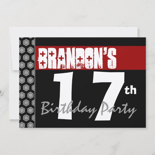 Invitation 17e anniversaire Moderne pour lui Rouge Blanc Noir (Devant)