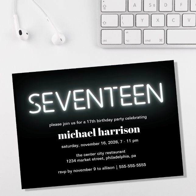 Invitation 17e anniversaire White Neon Lights Party (Créateur téléchargé)