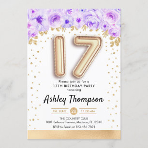 Invitation 17e fête d'anniversaire - Ballons d'or violet