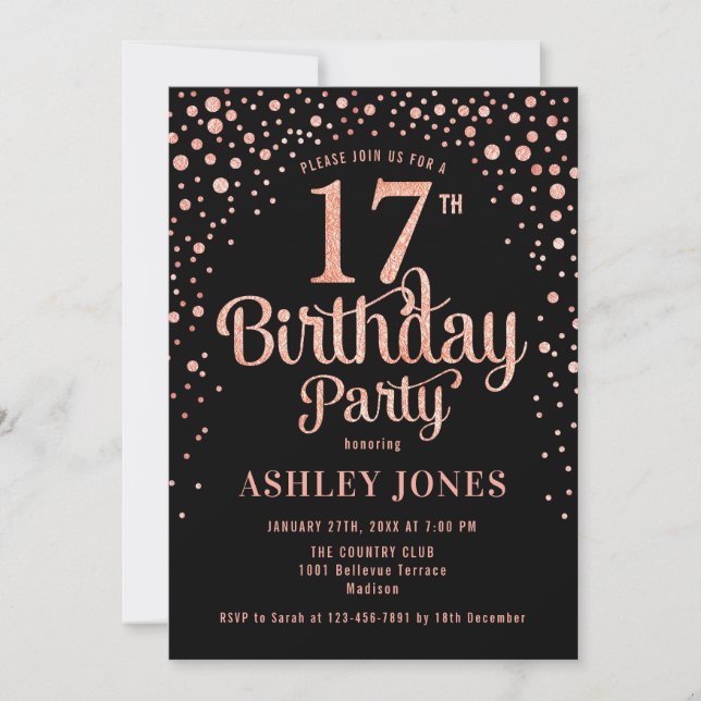 Invitation 17e fête d'anniversaire - Black & Rose Gold (Devant)