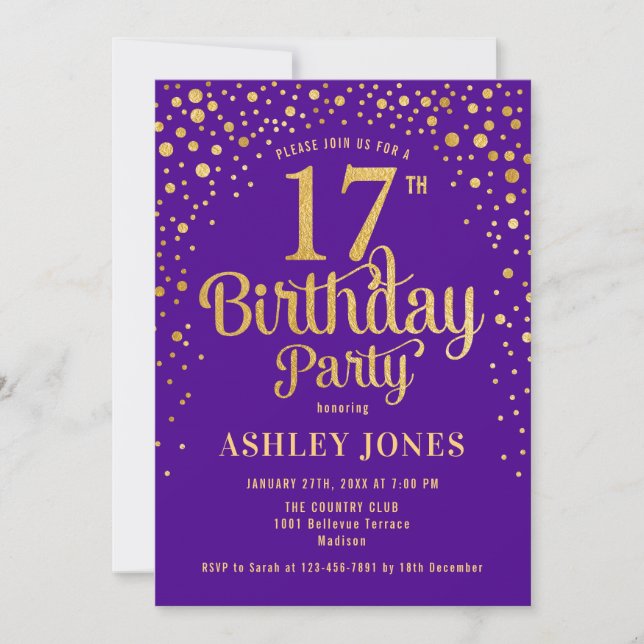 Invitation 17e fête d'anniversaire - Purple & Gold (Devant)