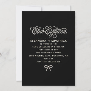 Invitation 18 ans Noir Blanc Perle Script Ruban