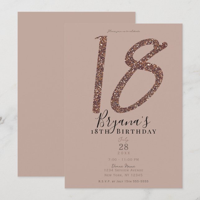 Invitation 18e 18 Anniversaire Rose rose Blush Parties scinti (Devant / Derrière)