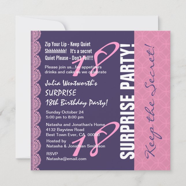 Invitation 18e ADO SURPRISE Anniversaire pour elle avec Lace  (Devant)