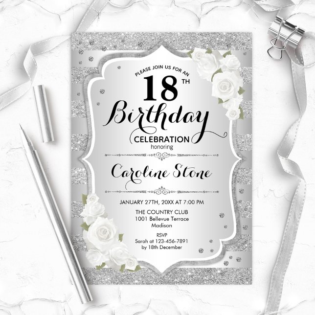 Invitation 18e anniversaire - Argent rayures Roses blanches (Créateur téléchargé)