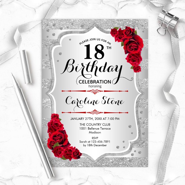 Invitation 18e anniversaire - Argent rayures Roses rouges (Créateur téléchargé)