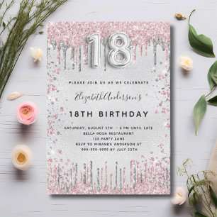Invitation 18e anniversaire argent rose parties scintillant p