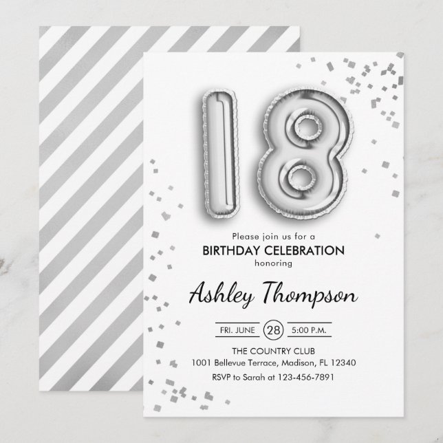 Invitation 18e anniversaire - Ballons d'argent (Devant / Derrière)