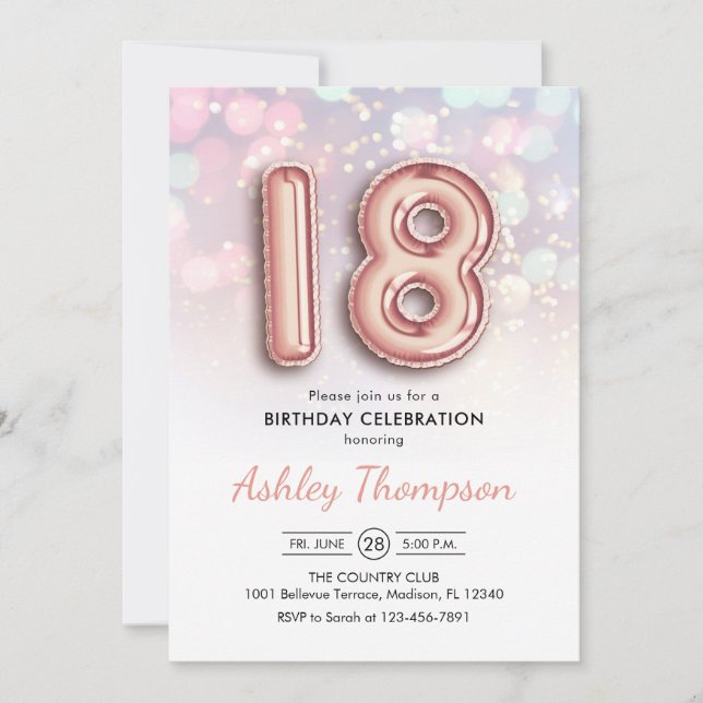 Invitation 18e anniversaire - Ballons d'or Rose Lumières rose (Devant)