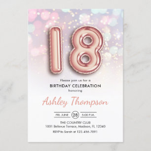 Invitation 18e anniversaire - Ballons d'or Rose Lumières rose