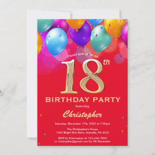 Invitation 18e anniversaire Ballons rouges et dorés