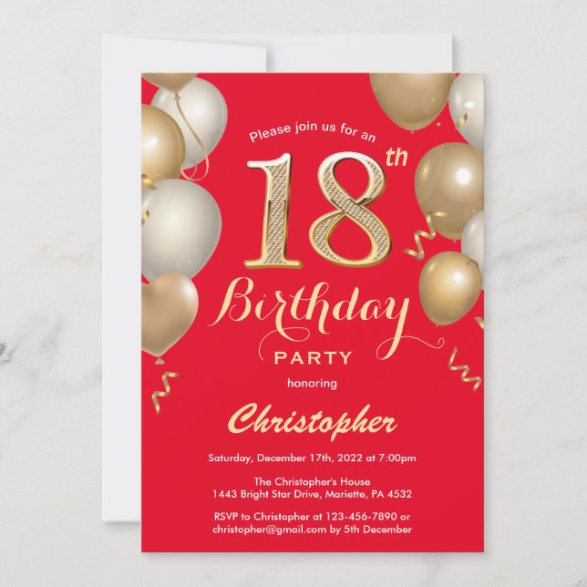Invitation 18e anniversaire Ballons rouges et or Confetti (Devant)