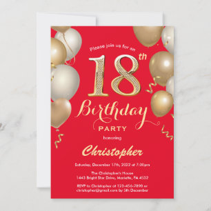 Invitation 18e anniversaire Ballons rouges et or Confetti