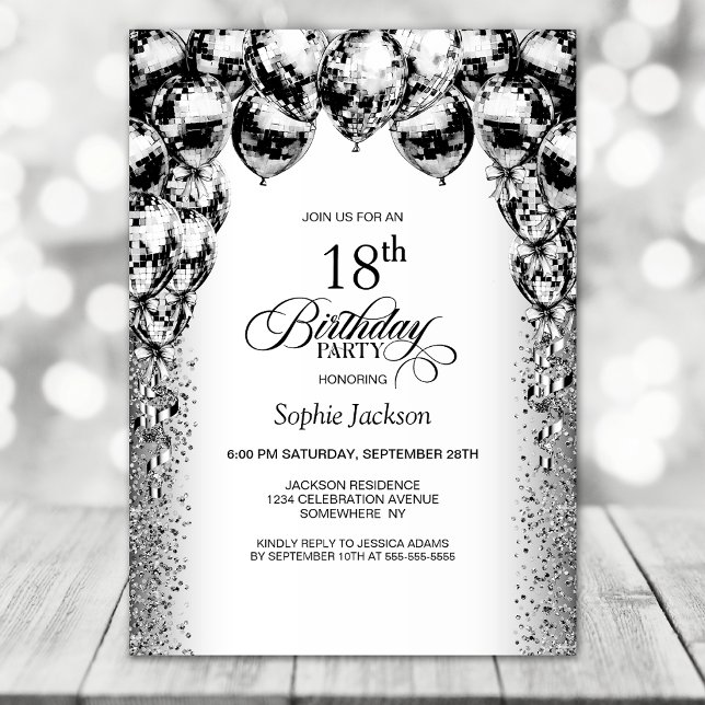 Invitation 18e anniversaire Black and White Balloons Party (Créateur téléchargé)