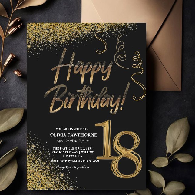 Invitation 18e anniversaire Black & Gold Parties scintillant  (Créateur téléchargé)