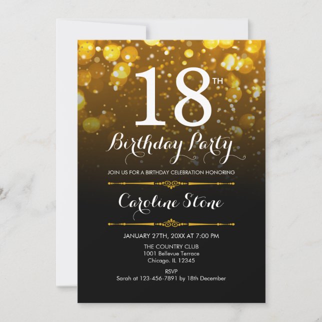 Invitation 18e anniversaire - Black White Gold (Devant)