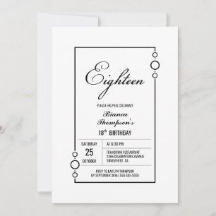 Invitation 18e anniversaire Blanc avec Black Frame Party