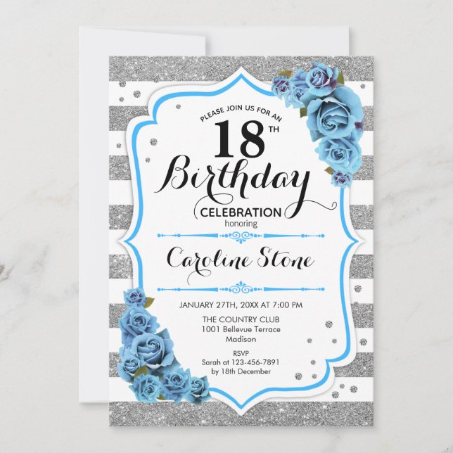 Invitation 18e anniversaire - Bleu Argent Blancs (Devant)