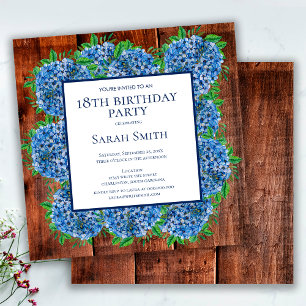 Invitation 18e anniversaire Bois Blue Hydrangeas Rustic Party