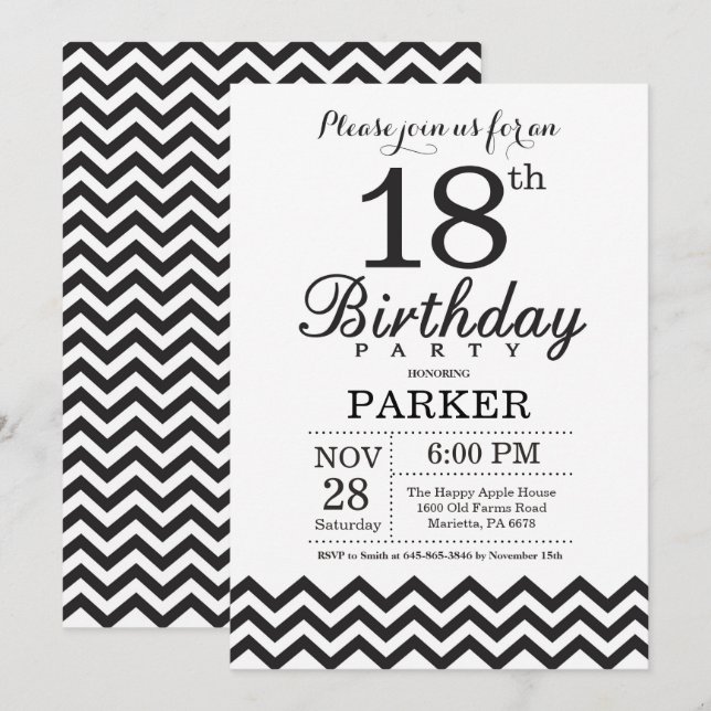 Invitation 18e anniversaire Chevron noir et blanc (Devant / Derrière)