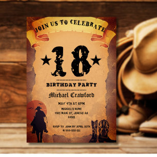 Invitation 18e anniversaire cowboy vieux papier cheval cheval