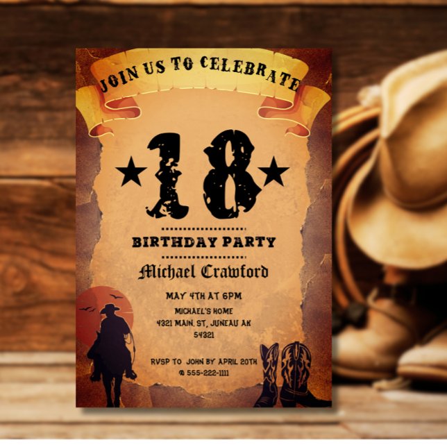 Invitation 18e anniversaire cowboy vieux papier cheval cheval (Créateur téléchargé)