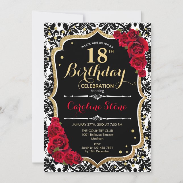 Invitation 18e anniversaire - Damask Black Gold Red Roses (Devant)