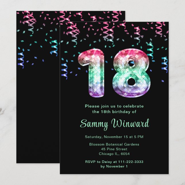 Invitation 18e anniversaire de ballons de sirène avec Confett (Devant / Derrière)