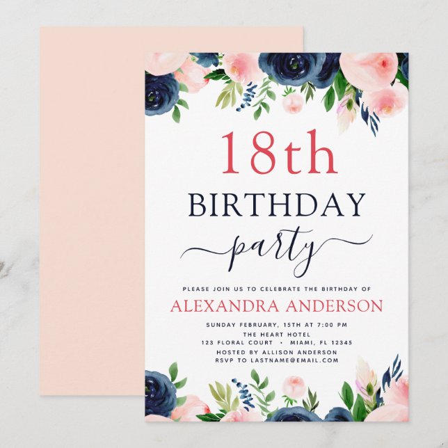 Invitation 18e anniversaire de la fête Marine bleu bleu rose  (Devant / Derrière)