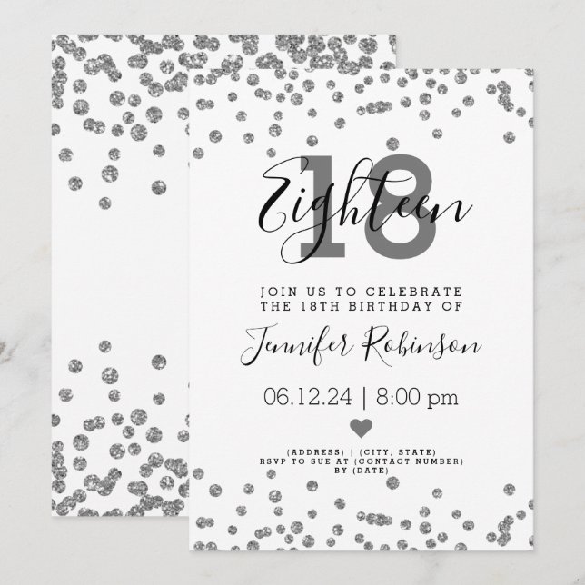 Invitation 18e anniversaire de la fête Silver Glam Parties sc (Devant / Derrière)