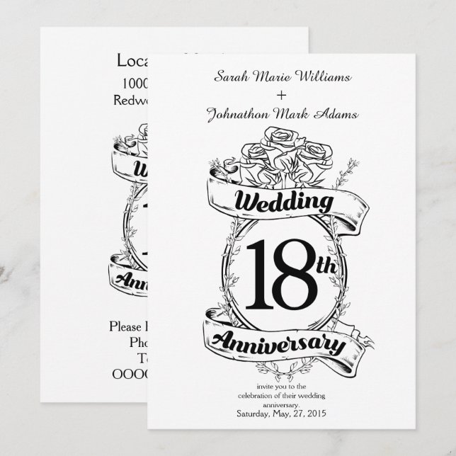 Invitation 18e Anniversaire de Mariage Roses Noires et Blanch (Devant / Derrière)