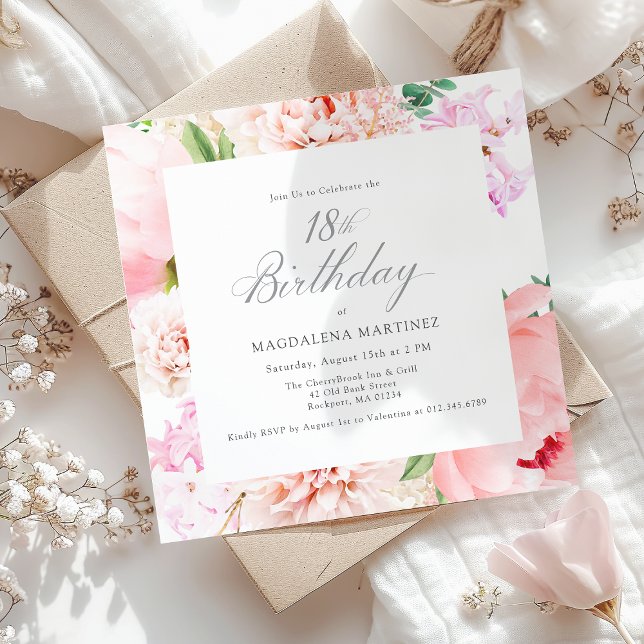 Invitation 18e anniversaire fête Pink Peony Floral Carré (Créateur téléchargé)