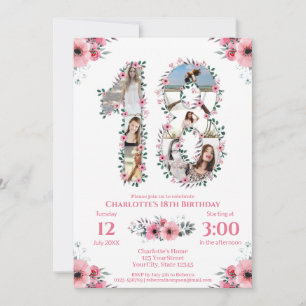 Invitation 18e anniversaire fille photo Collage rose Fleur bl