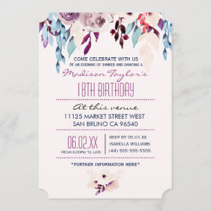 Invitation 18e anniversaire Fleur d'aquarelle violette et tur