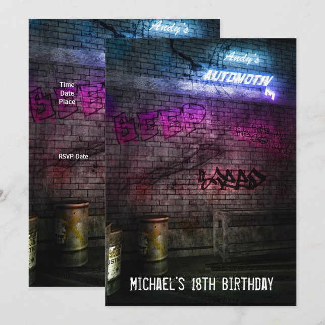 Invitation 18e anniversaire garçons Mens Urban Street Art Gru (Devant / Derrière)
