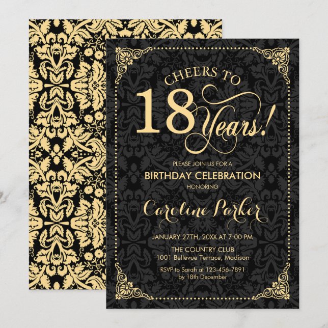 Invitation 18e anniversaire - Gold Black Damask (Devant / Derrière)