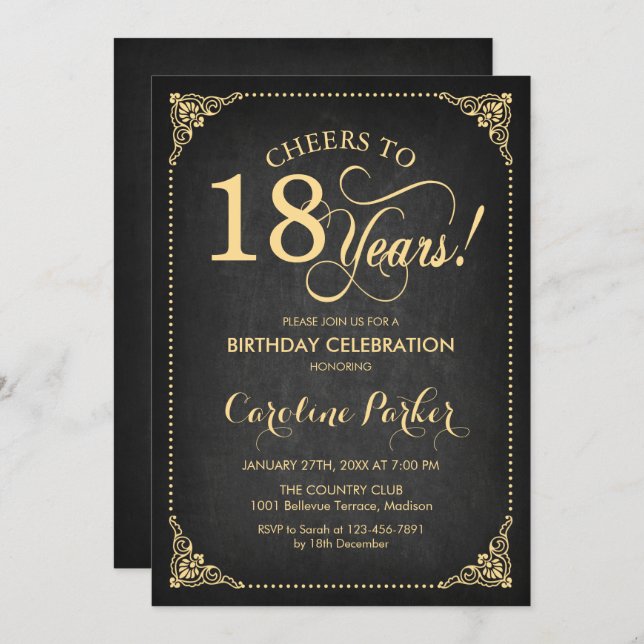 Invitation 18e anniversaire - Gold Chalkboard (Devant / Derrière)