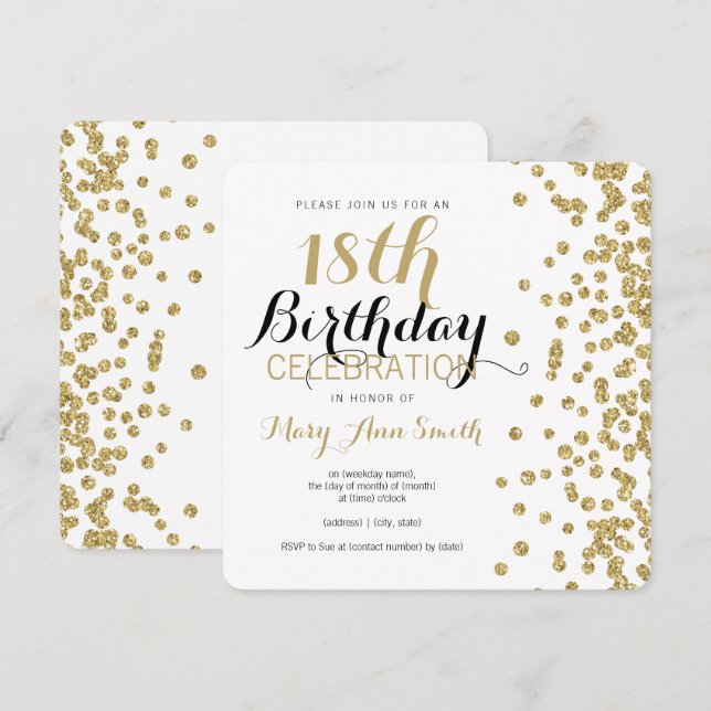 Invitation 18e anniversaire Gold Faux Parties scintillant Con (Devant / Derrière)