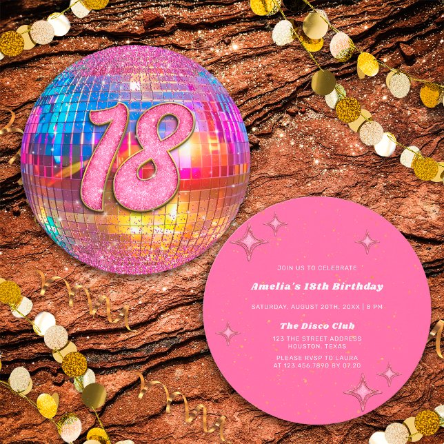 Invitation 18e anniversaire Gold Pink Parties scintillant Dis (Front/Back)