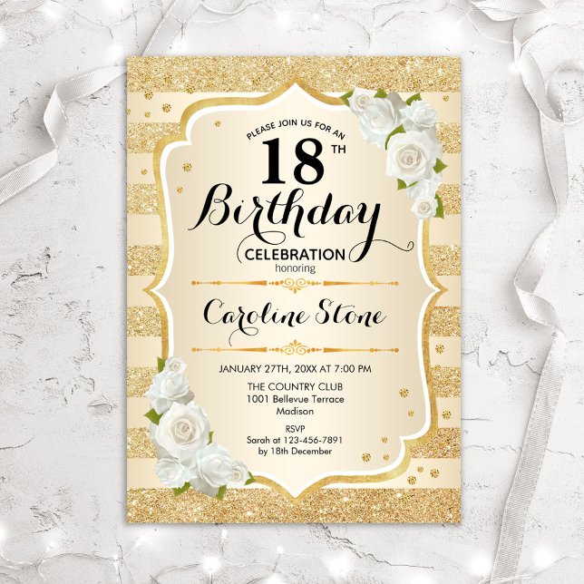 Invitation 18e anniversaire - Gold Stripes Roses blanches (Créateur téléchargé)