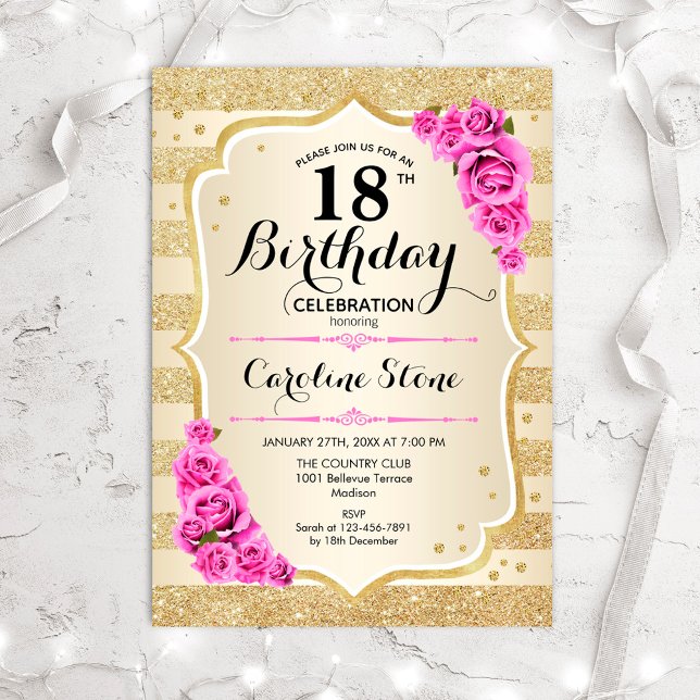 Invitation 18e anniversaire - Gold Stripes Roses Rose Invitat (Créateur téléchargé)