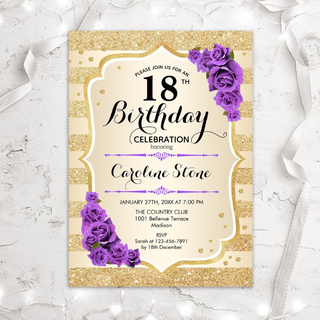 Invitation 18e anniversaire - Gold Stripes Roses violets (Créateur téléchargé)