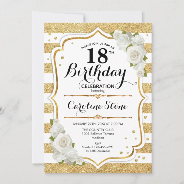 Invitation 18e anniversaire - Gold White Stripes Rose (Devant)