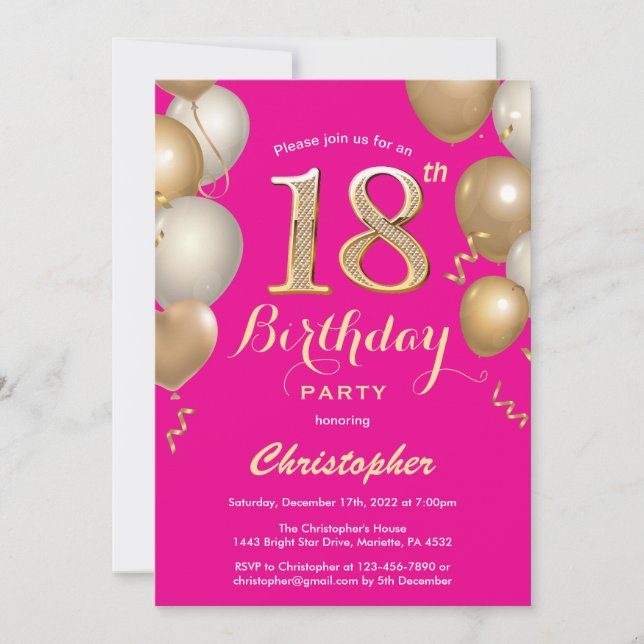 Invitation 18e anniversaire Hot Pink et Gold Balloons Confett (Devant)