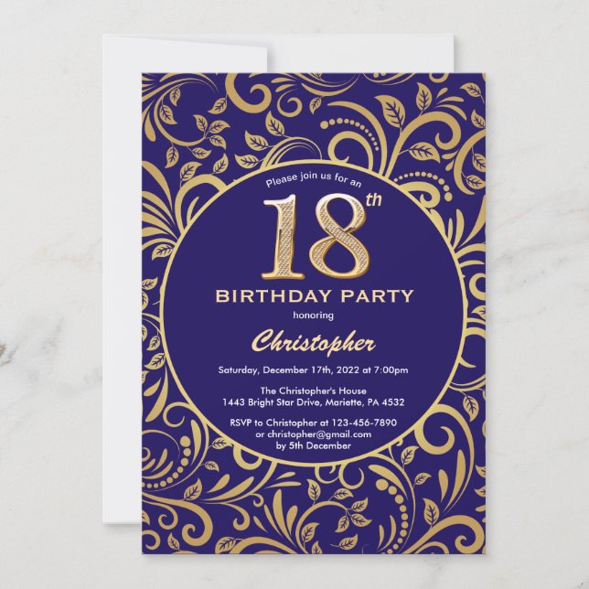 Invitation 18e anniversaire Marine bleu et or modèle floral (Devant)