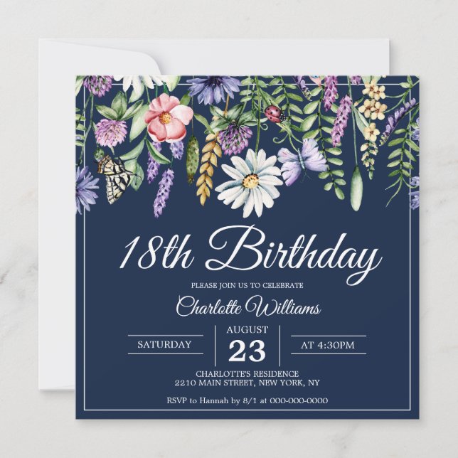Invitation 18e anniversaire Marine Fleur sauvage Bleu Élégant (Devant)